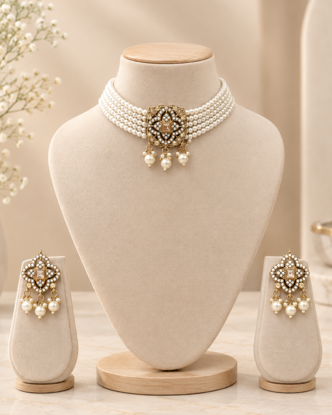 Pearl Choker with Ornate Central Pendant Set & Earring (Pattern in Square)