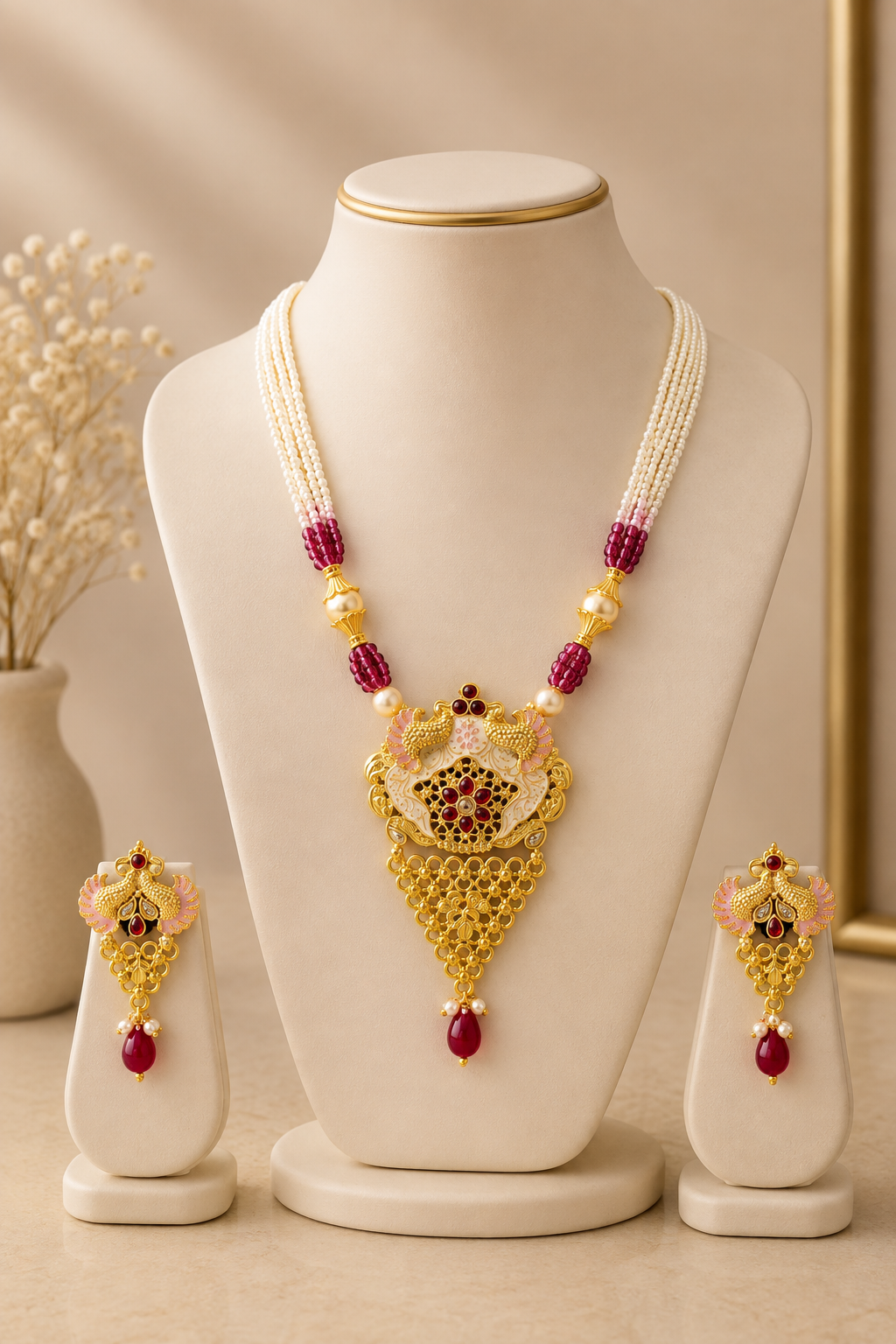 Traditional Swarna Shringar Necklace & Earring Set (Ruby Red)