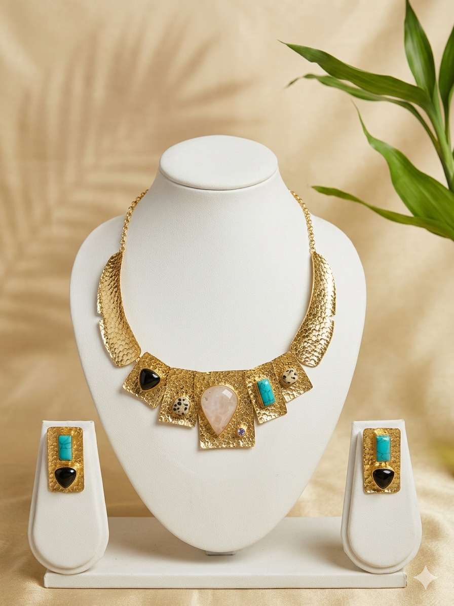 Hammered Moonstone Gemstone Statement Necklace & Earring Set