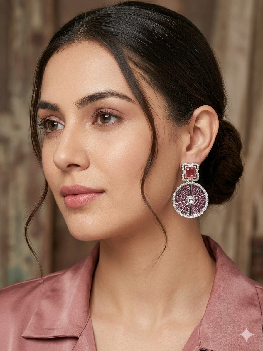 Magenta Wheel Crystal Medallion Earrings
