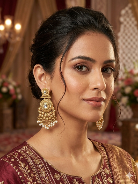 Antique Gold Kundan Medallion Drop Earrings
