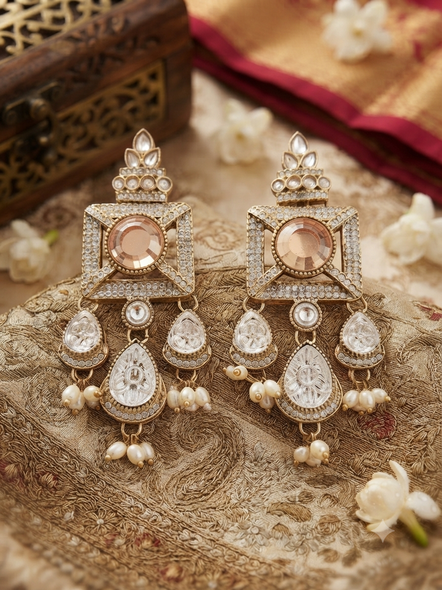 Royal Kundan Mirror Drop Chandbali Earrings