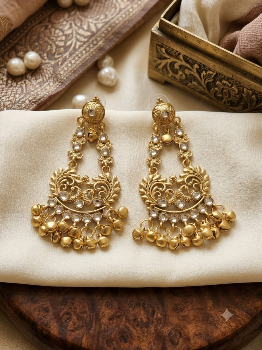 Peacock Ghungroo Temple Earrings (White)