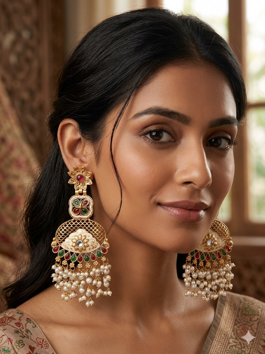 Meenakari Pearl Cascade Earrings (Emerald Green, Ruby Red)