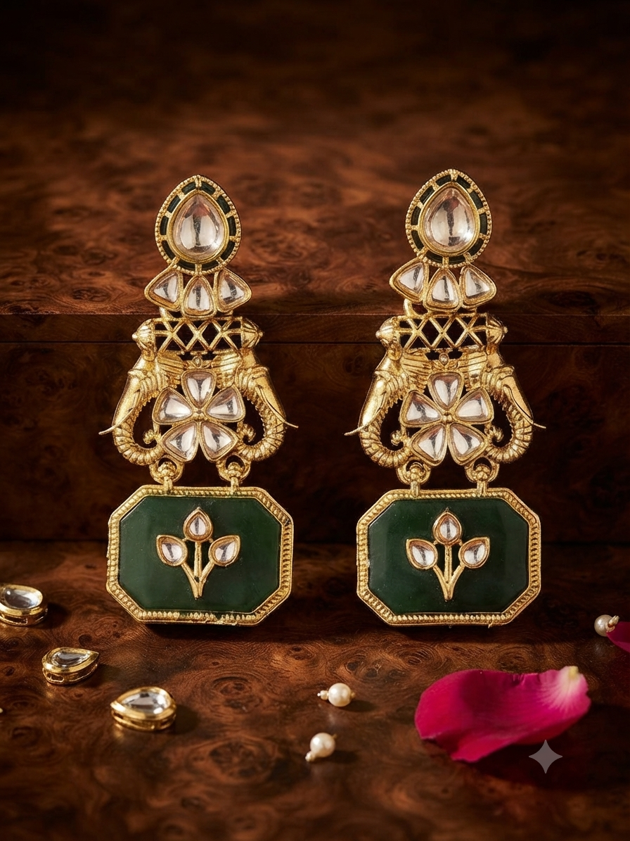 Quartz Elephant Heritage Drop Earrings (Emerald Green)