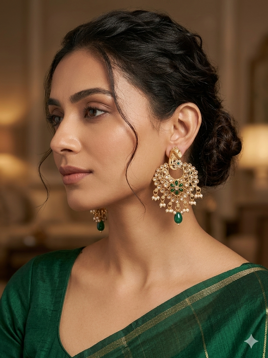Gajraj Emerald Kundan Chandbali Earrings