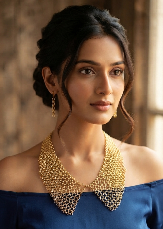 Elara Gold Mesh Earrings & Necklace