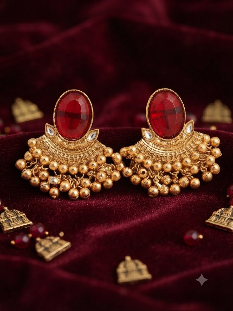 Oval Chandbali Earrings (Ruby Red)