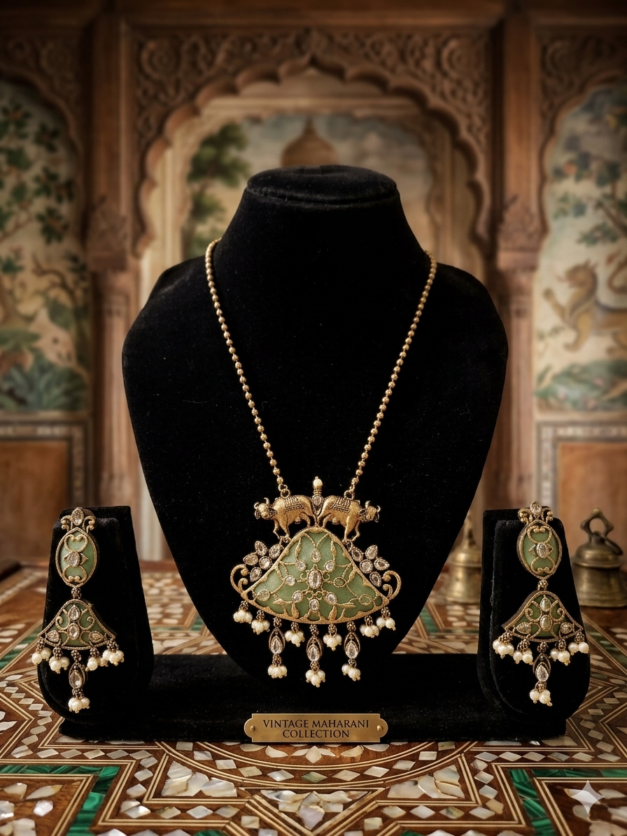 Stunning Antique Gold-Tone Necklace & Earring Set (Sage Green)