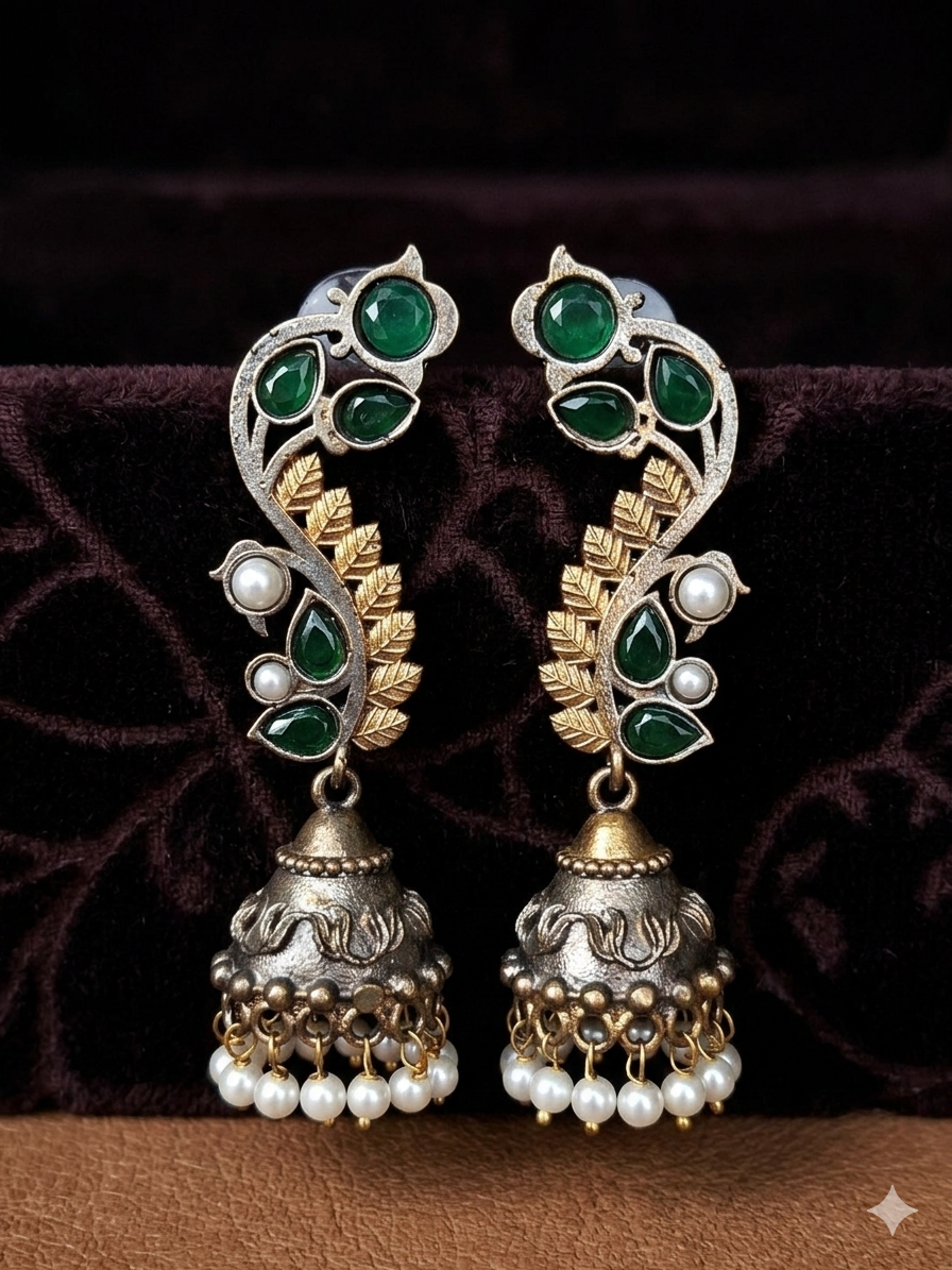 Emerald Leaf Cascade Jhumka Earrings