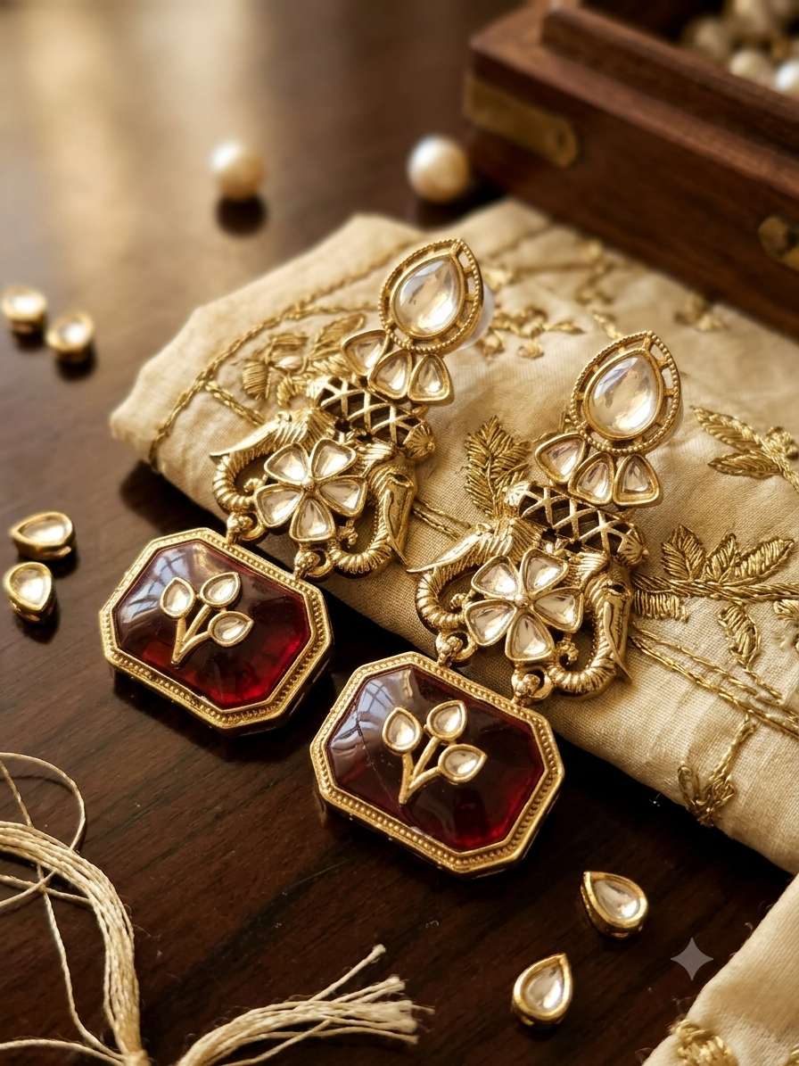 Quartz Elephant Heritage Drop Earrings (Red)