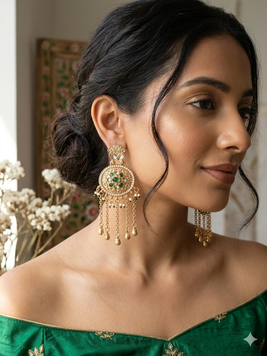 Emerald Pearl Filigree Dangle Earrings