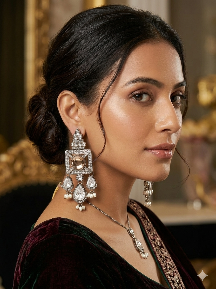 Royal Kundan Mirror Drop Chandbali Earrings