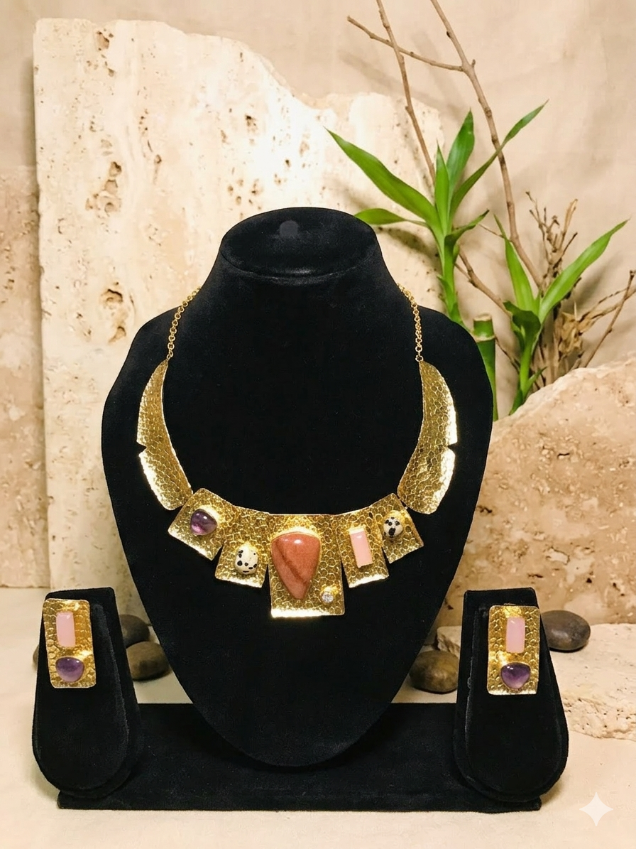 Hammered Mookaite Jasper Gemstone Statement Necklace & Earrings Set
