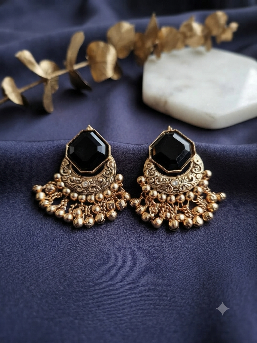 Octagon Chandbali Earrings (Black)