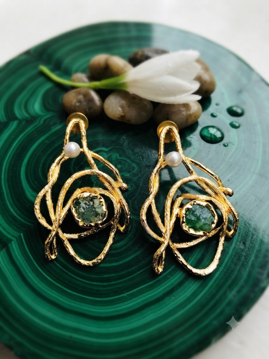 Raw Emerald Abstract Gold-Wire Earrings