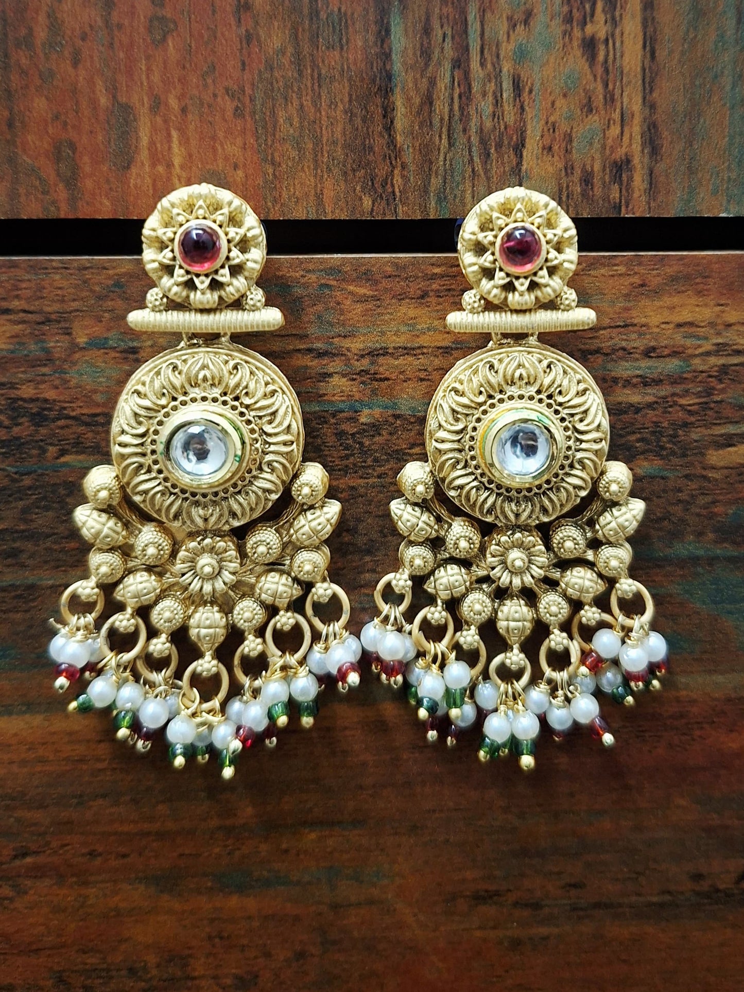 Antique Gold Kundan Medallion Drop Earrings (Ruby Red)