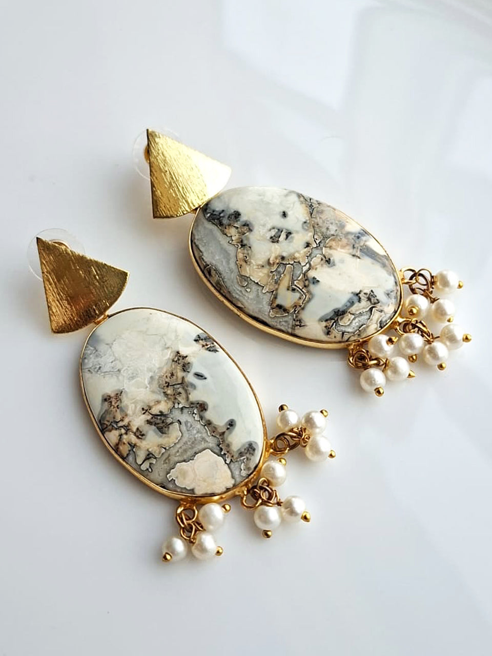 Oval Marble Pearl Drop Earrings