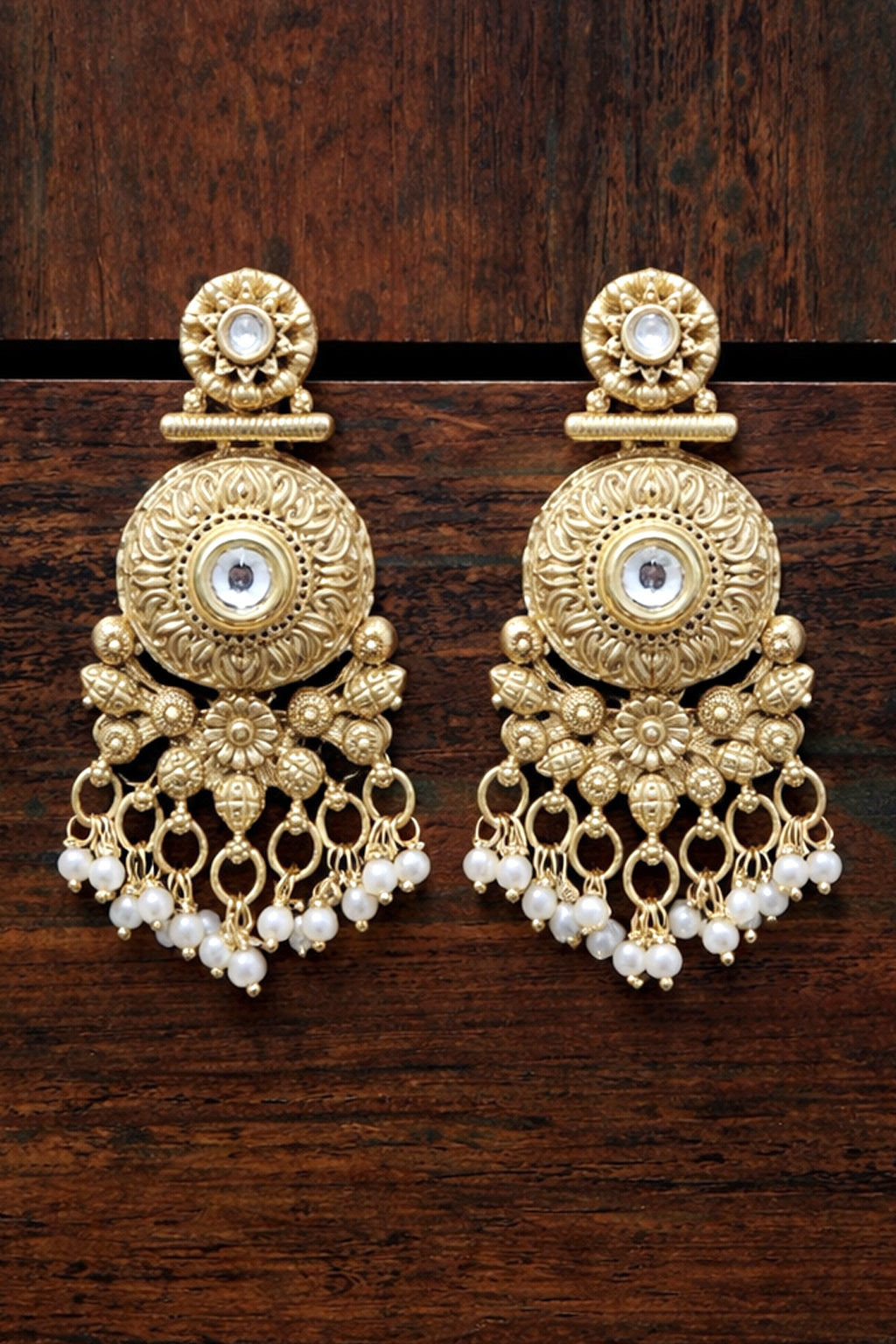 Antique Gold Kundan Medallion Drop Earrings (White Stone)
