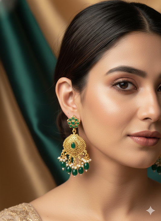 Floral Temple Drop Earrings (Emerald Green)
