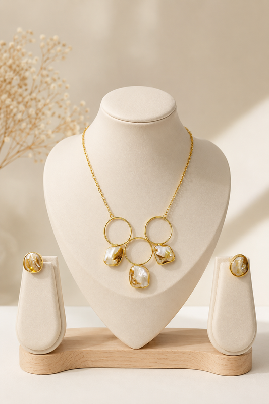 Gold Geometric Mother-Of-Pearl Statement Necklace & Earring Set