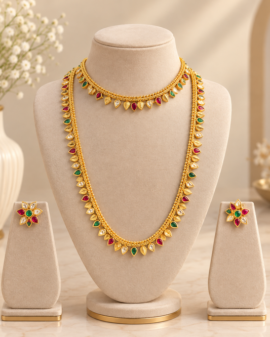 Traditional White, Ruby & Emerald Layered Haram Set With Earring