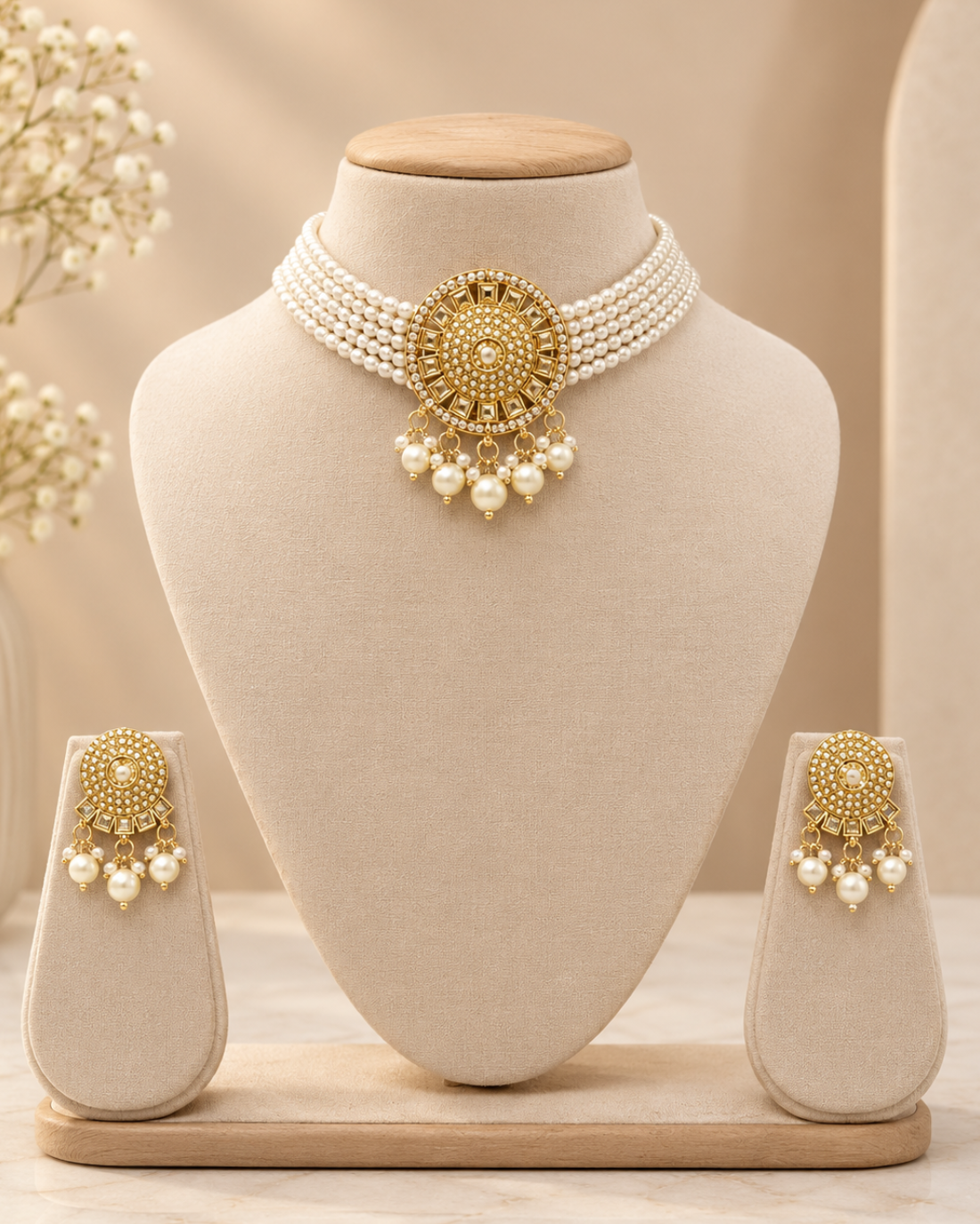 Pearl Choker with Ornate Central Pendant Set & Earring (Round)