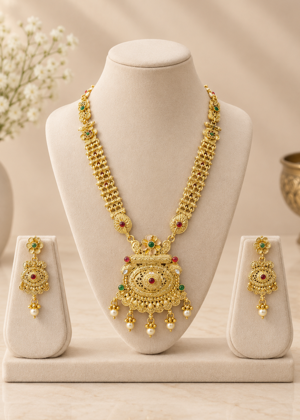 Royal Filigree & Pearl Temple Haram Set & Earring