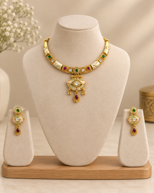 Royal Meenakari & Polki Necklace Set & Earring (Square Shape)