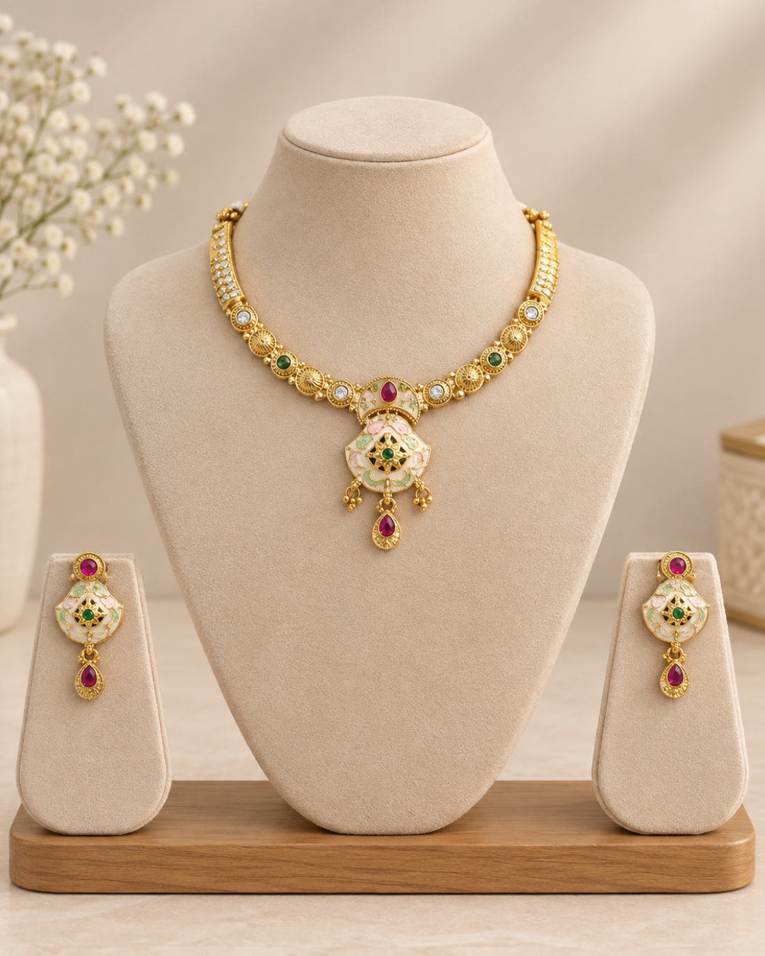 Royal Meenakari & Polki Necklace Set & Earring (Circular Shape)