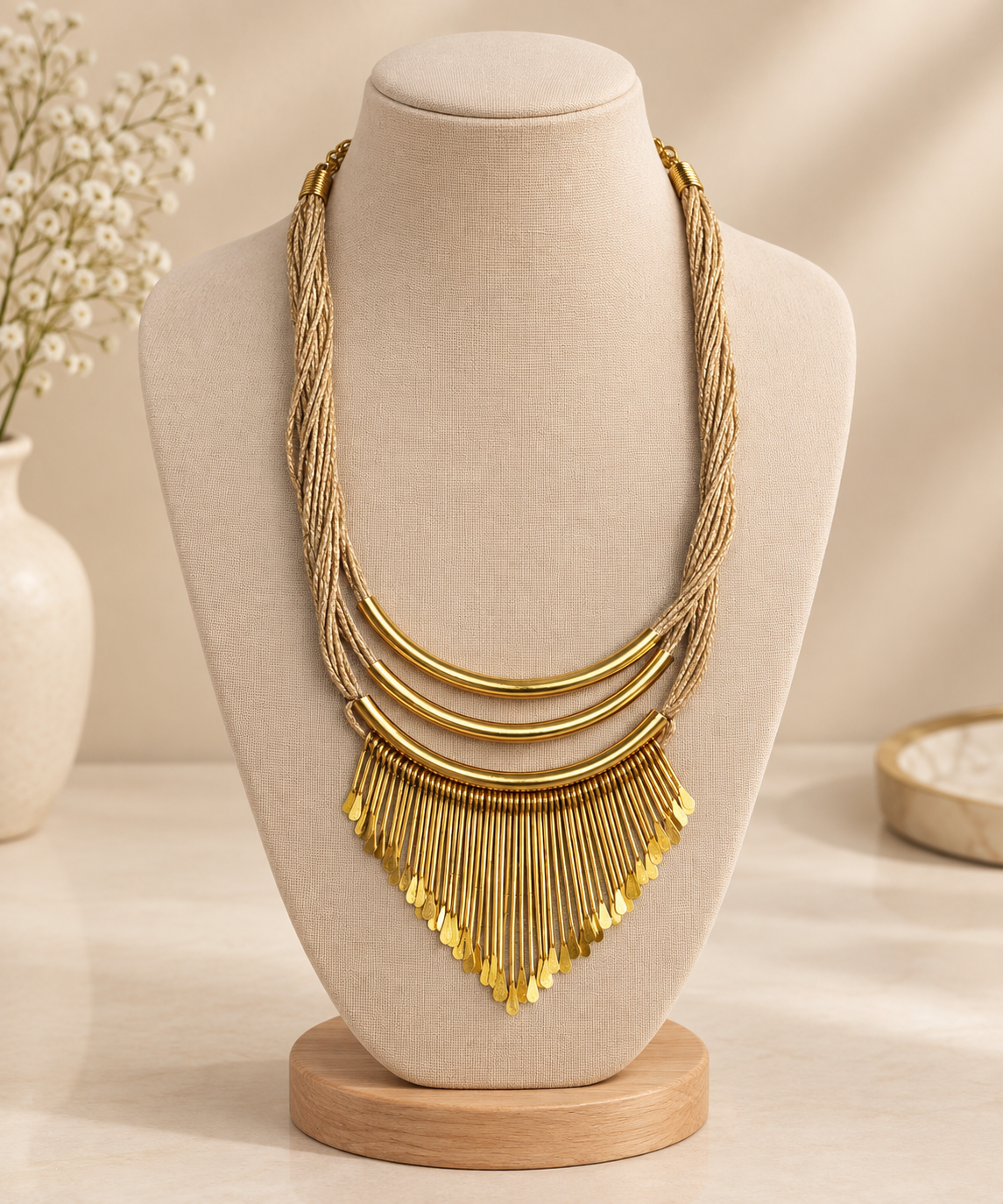 Golden Metallic Fringe Statement Necklace