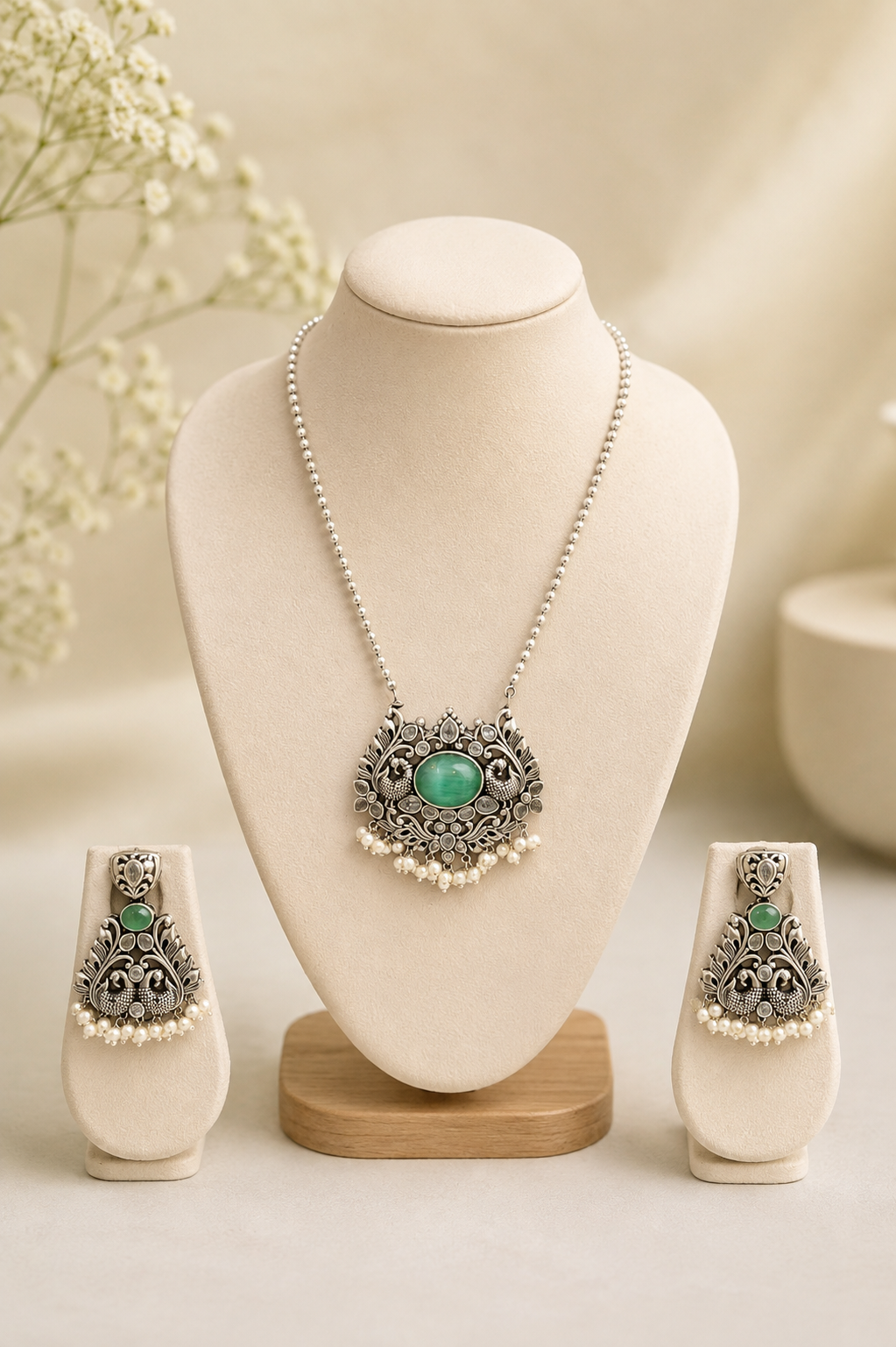 Peacock Motif Mint Green Stone Pendant Necklace & Earring Set
