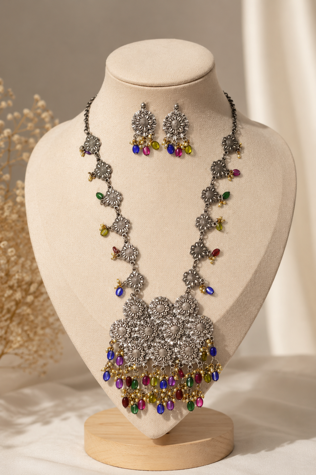Floral Cluster Multi-Gem Drop Oxidized Silver Necklace & Earring Set