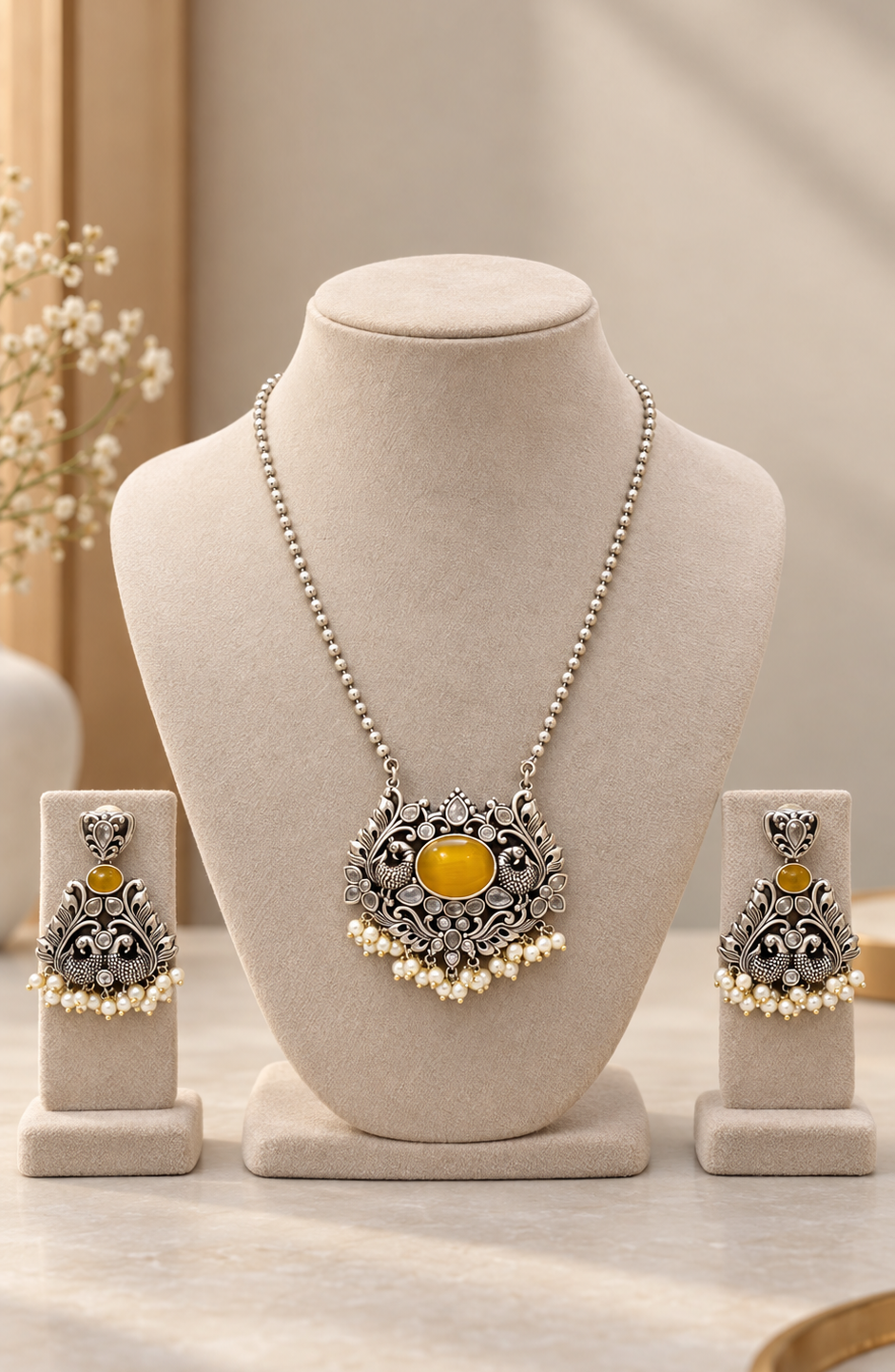 Peacock Motif Warm Yellow Stone Pendant Necklace & Earring Set
