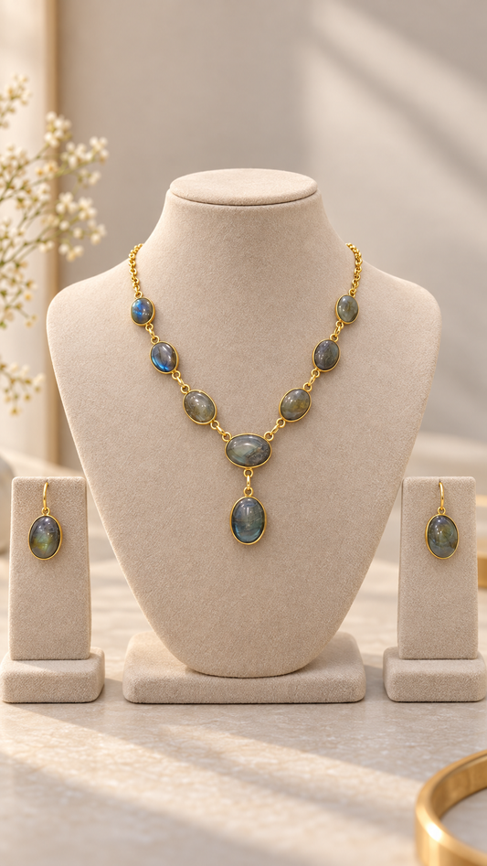 Gold-Plated Labradorite Gemstone Pendant Necklace & Earring Set
