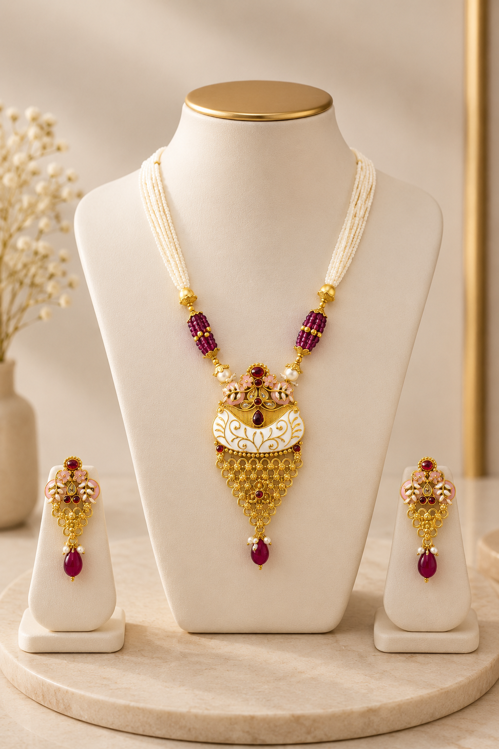 Traditional Nayra Floral Necklace & Earring Set (Ruby Red)
