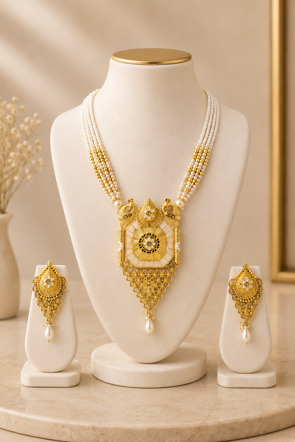 Traditional Sitara Floral Necklace & Earring Set (Creamy Pearl White)