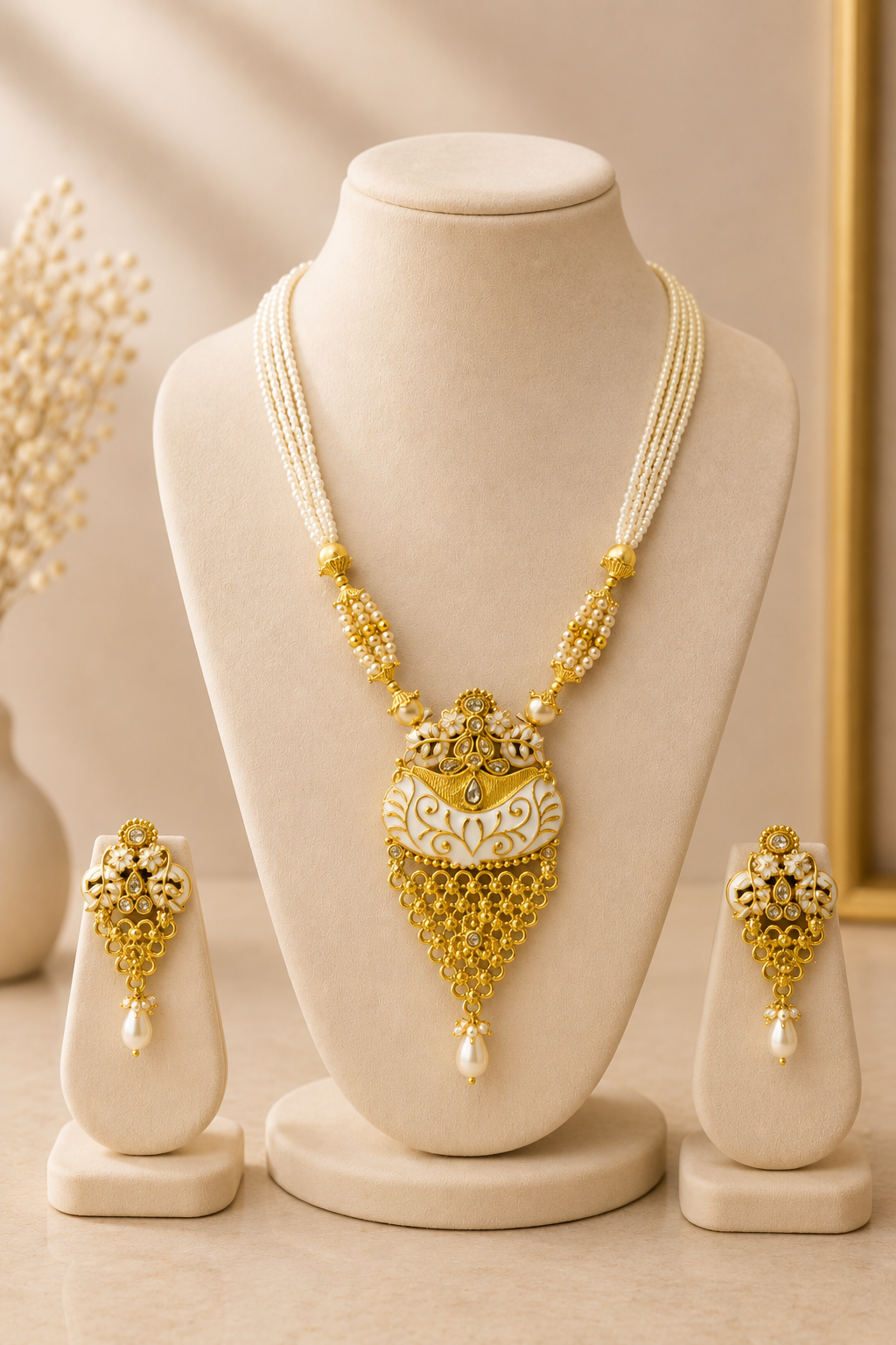 Traditional Nayra Floral Necklace & Earring Set (Creamy Pearl White)