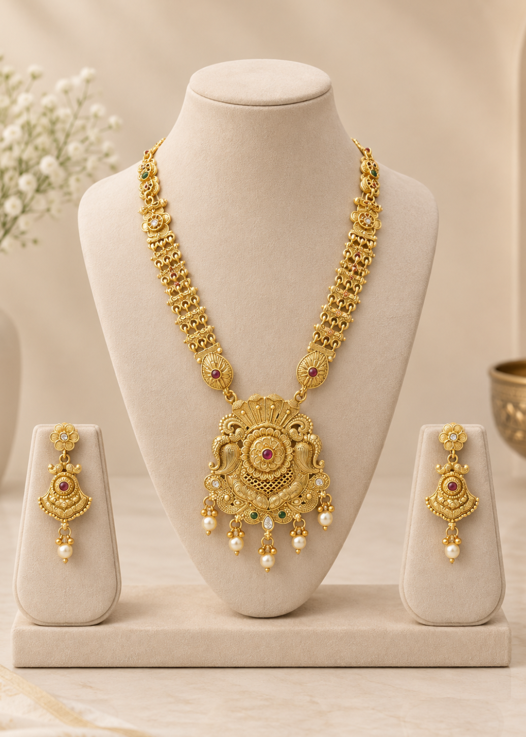 Traditional Temple Motif Long Haram Set & Earring