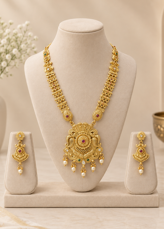 Traditional Temple Motif Long Haram Set & Earring