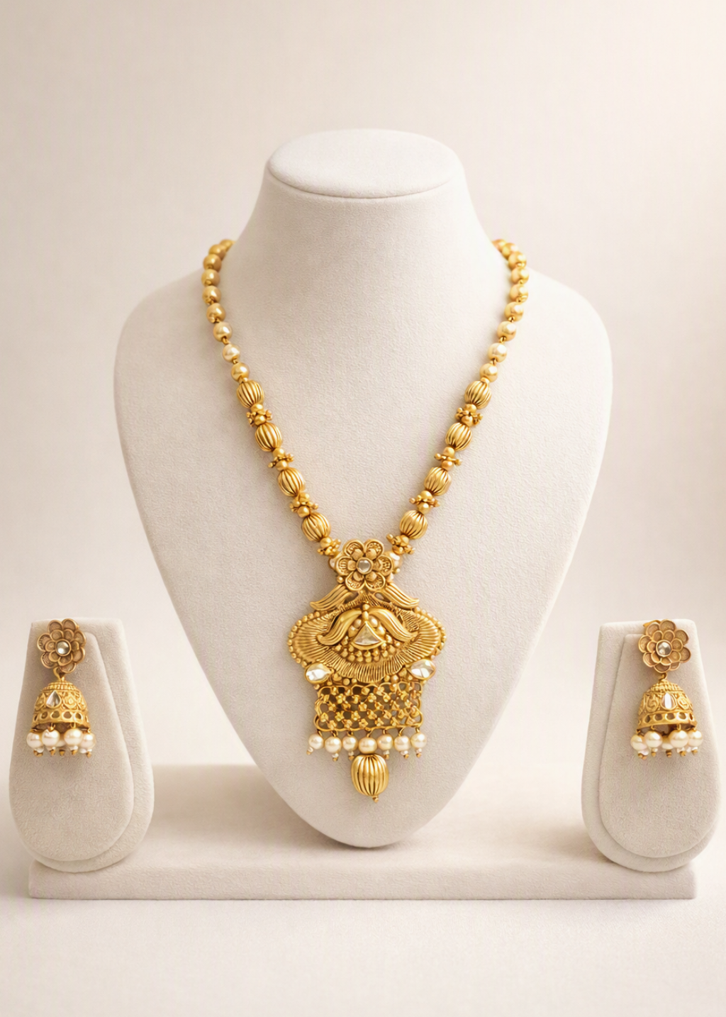 Traditional Gold Floral Necklace & Jhumka Set