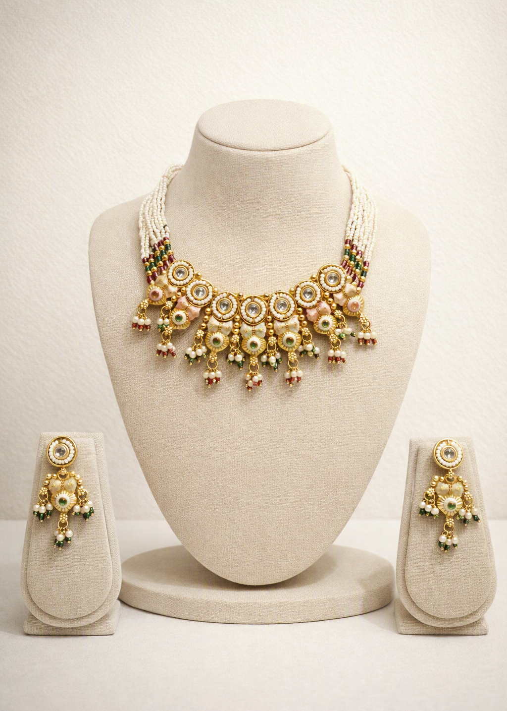 Elegant Choker Pearl Necklace & Earring Set (Emerald Green & Pink)