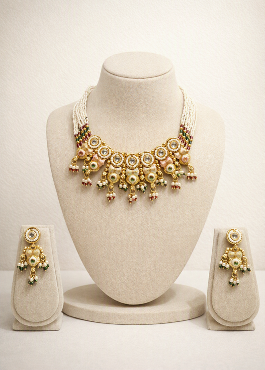 Elegant Choker Pearl Necklace & Earring Set (Emerald Green & Pink)