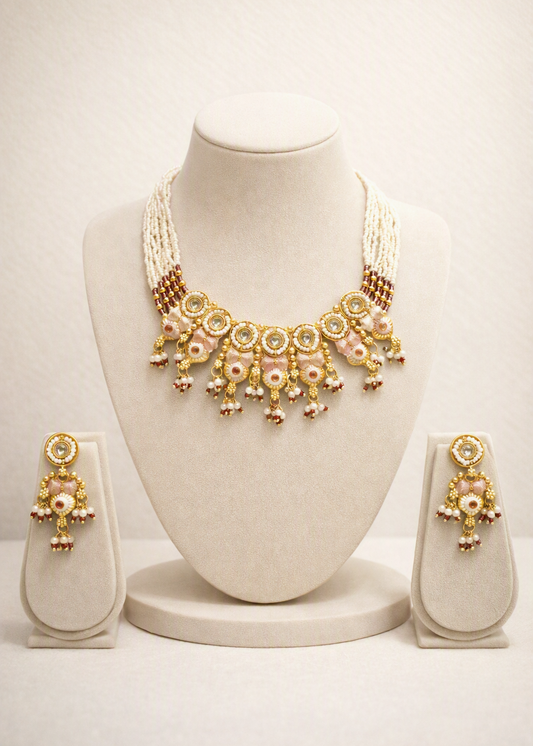 Elegant Choker Pearl Necklace & Earring Set (Pink)