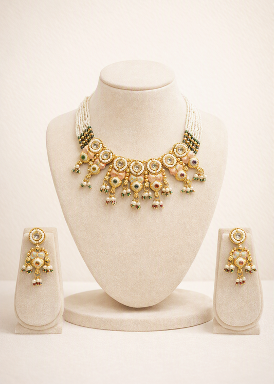Elegant Choker Pearl Necklace & Earring Set (Emerald Green)