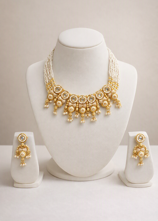 Elegant Choker Pearl Necklace & Earring Set (Pearl White)