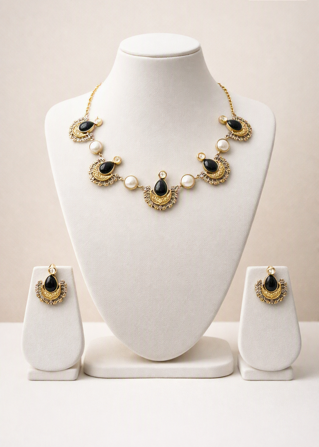 Black & White Stone Crescent Modular Necklace & Earring Set