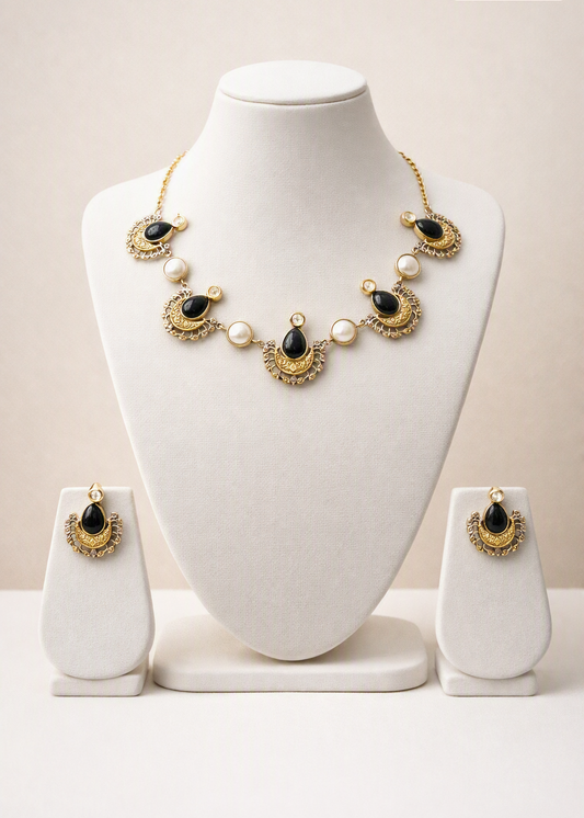 Black & White Stone Crescent Modular Necklace & Earring Set