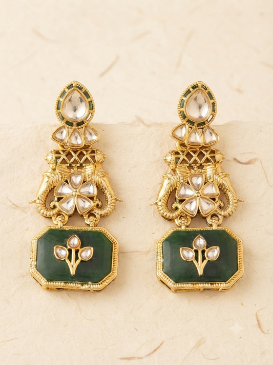 Quartz Elephant Heritage Drop Earrings (Emerald Green)