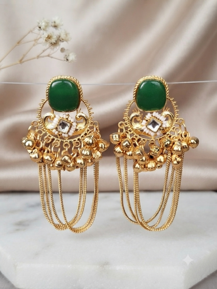 Ghungroo Cascade Earrings (Emerald Green)